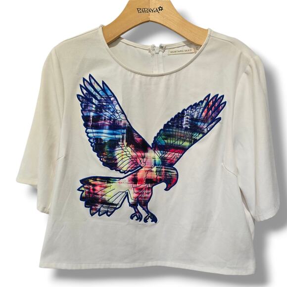 Mustard Seed Women’s Ivory Cropped Top w/ Colorful Eagle Graphic | Size L - Picture 1 of 8